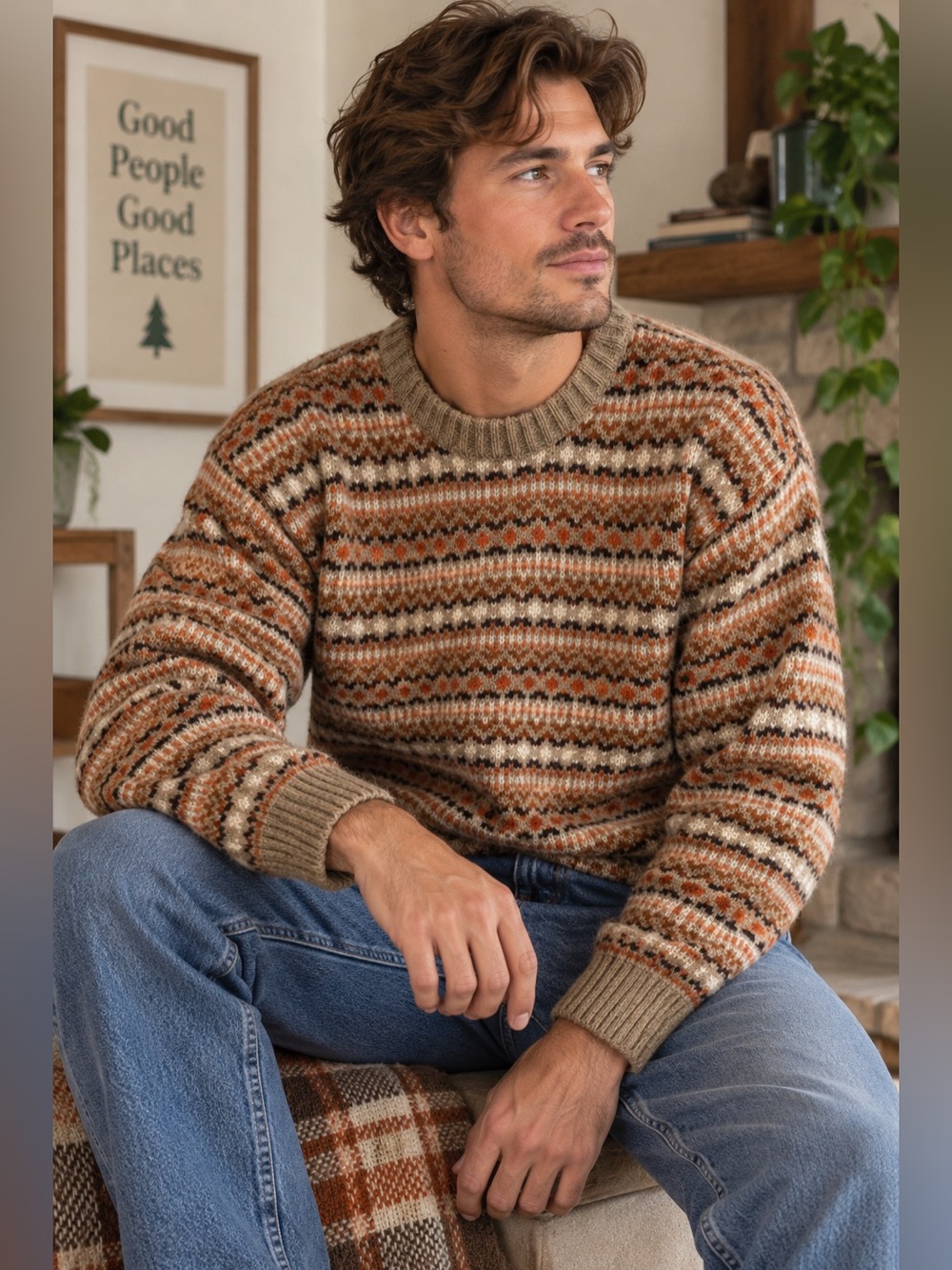 Vintage UK Pure Wool Fair Isle Sweater Men’s M Brown Orange Nordic Knit